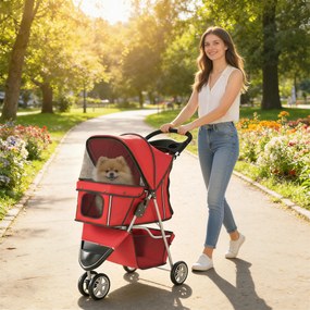 Carrinho para cães com 4 rodas, carrinho dobrável com capota ajustável, cesto de arrumação, 77 x 44 x 102 cm, vermelho