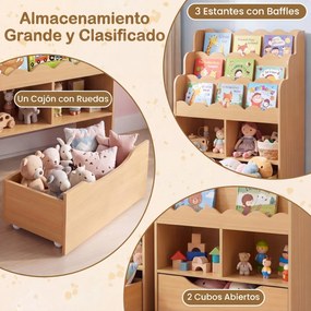 Estante Infantil para Brinquedos, 30 x 60 x 91 cm, Gaveta Removível com Rodas, Natural