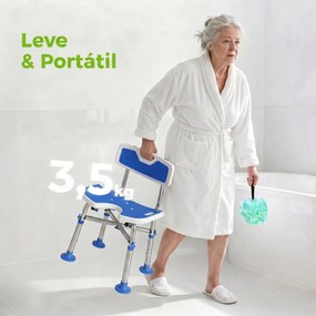 Cadeira de Duche para Pessoas Idosas Antideslizante com Altura Ajustável em 5 Posições Suporte para Duche de Mão 48x47,5x72-82 cm Azul