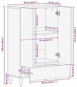 Highboard 60x33x100 cm Madeira Sólida Mangueira