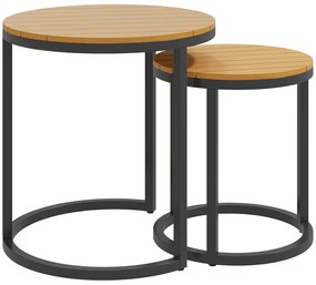 Outsunny Conjunto de 2 Mesas de Jardim com Bancada de Madeira de Acácia Design Ripas Mesas Auxiliares de Jardim Empilháveis Teca e Preto
