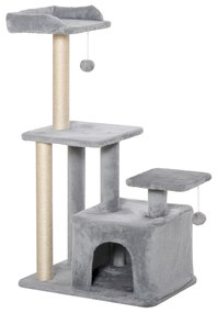 PawHut Arranhador para Gatos Altura 114 cm com Postes de Sisal 3 Plataformas Caverna e 2 Bolas Suspensas Cinza Claro