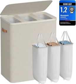 Cesto para roupa suja com 3 compartimentos, 190 l, 64 x 40 x 75 cm bege cappuccino