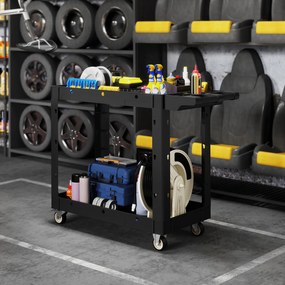 Carrinho de oficina de 2 níveis com pega lateral para garagem, armazém, ferramentas de bricolage, preto