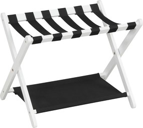 Porta-bagagens dobrável de 2 níveis em madeira de borracha 67 x 46 x 52 cm, com prateleiras de nylon e Estrutura em X, para quarto de hotel, preto + b