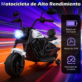 Mota elétrica infantil de 6 V com farol LED, música, 2 rodas, pedais de treino e espelhos retrovisores – a partir dos 18 meses – Preto + Branco