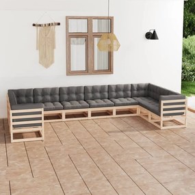 10 pcs conjunto lounge de jardim c/ almofadões pinho maciço