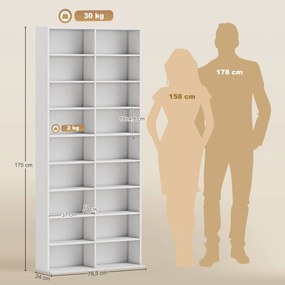 Organizador para CD e DVD com 18 compartimentos, capacidade máxima de 640 CD/360 DVD/430 Blu-ray, 78,5 x 24 x 175 cm, branco