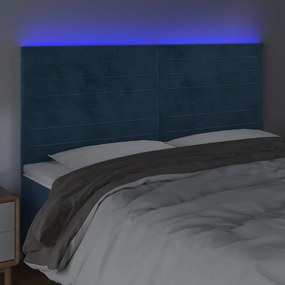 Cabeceira cama c/ luzes LED veludo 200x5x118/128cm azul-escuro