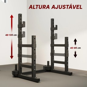 Suporte Ajustável para Barras de Pesas (NÃO INCLUIDOS) com Segurança Reforçada Carga até 300 kg Altura Regulável 48-135/45-85 cm Preto