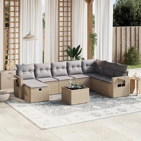 9 pcs conj. sofás jardim c/ almofadões vime PE bege misturado