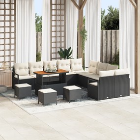Conjunto de Sofá de Jardim com 14 Peças e Almofadas Preto Vime PE Acácia