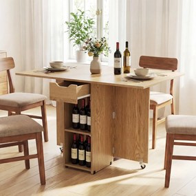 Mesa de jantar extensível 120 x 72 x 75 cm com 2 rodas; mesa de cozinha dobrável com prateleira, gaveta de 2 compartimentos e abas rebatíveis Natural