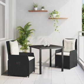 Conjunto de Jantar de Jardim vidaXL 3 Peças Preto Rattan Poliéster