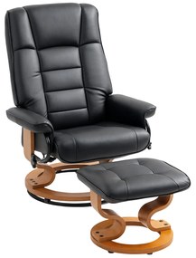 HOMCOM Poltrona de relaxamento reclinável com apoio para os pés, giratória, estrutura em madeira, revestimento sintético preto | Aosom Portugal