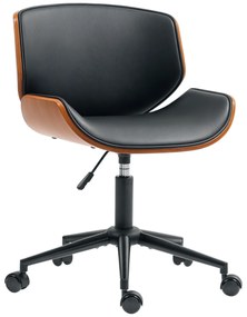 HOMCOM Cadeira de Escritório sem Braços Cadeira de Secretária Vintage Giratória Estofada em PU Madeira Curvada Altura Ajustável Encosto Curvo Função de Baloiço 52x54x74-84 cm Preto e Madeira