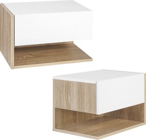 Conjunto de 2 mesas de cabeceira de parede - gaveta deslizante, prateleira, bicolor com acabamento em carvalho branco