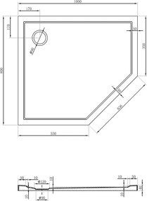 Mexen Flow base de duche pentagonal slim esquerda 100 x 80 cm, branco brilho - 46P108010L