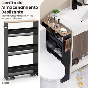 Carrinho de cozinha estreito 47,5 x 20 x 80,5 cm de 4 níveis com rodas com pega e estantes abertas para espaços pequenos Preto
