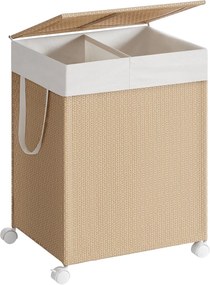 SONGMICS HOME Cesto de roupa suja 2 compartimentos Cesto de roupa suja 100 L Separador de roupa suja sobre rodas com tampa Saco de roupa suja com alças Rattan Look para lavanderia Banheiro Bege natural Branco fosco LCB601N01