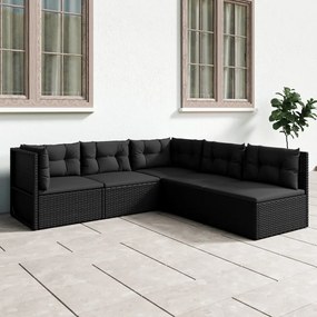 vidaXL 5 pcs conjunto lounge de jardim c/ almofadões vime PE preto