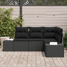 Conjunto de Sofá de 4 Peças com Almofadas Preto Rattan Poli