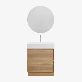 Conjunto De Móveis De Banheiro Em Madeira Jolene Com Pia Integrada Madeira Natural & Redondo Led E Anti-embaciamento Ø70 Cm Riben & - Sklum