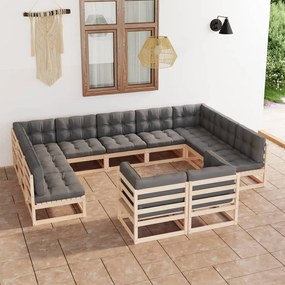 vidaXL 11 pcs conjunto lounge de jardim c/ almofadões pinho maciço