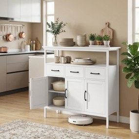 Aparador de cozinha 95 x 35 x 88 cm, móvel de arrumação, 3 portas, 3 gavetas, compartimento aberto e prateleiras ajustáveis, branco