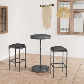 vidaXL 3 pcs conjunto de bar p/ jardim c/ almofadões vime PE cinzento