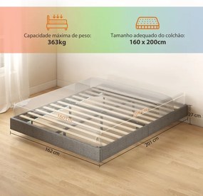 Cama 160x200 cm (COLCHÃO NÃO INCLUIDO) com Luzes LED Estofada em Linho Ripas de Madeira Silenciosa Fácil de Montar Cinzento