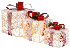Conjunto de 3 caixas de presente de Natal alimentadas a pilhas com 60 luzes de fita vermelha com temporizador Decoração de Natal para interior e exter