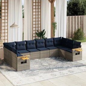 vidaXL 10 pcs conjunto sofás p/ jardim c/ almofadões vime PE cinzento