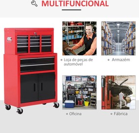 Carrinho de Ferramentas com Baú Superior 6 Gavetas Armário Fechadura e 4 Ganchos para Garagem 61,6x33x108 cm Vermelho