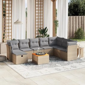 9 pcs conj. sofás jardim c/ almofadões vime PE bege misturado