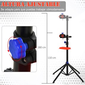 HOMCOM Suporte de reparo Cavalete de bicicleta portátil para casa Altura ajustável 110-180cm com 4 pernas Bandeja de ferramentas Até 25kg 84x84x180 Preto