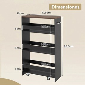 Carrinho de Arrumação Estreito para Cozinha, 47,5 x 20 x 80,5 cm, 4 Prateleiras, Castanho+Preto
