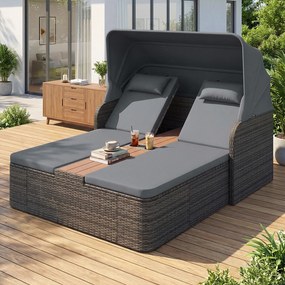Cama de rattan jardim dupla com toldo retrátil 203 x 159 x 141 cm, encostos ajustáveis e mesa central com porta-copos para jardim, piscina e terraço c