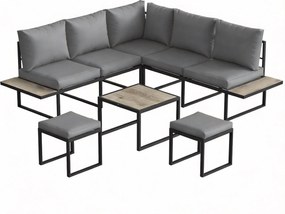 Outsunny Conjunto de jardim exterior 6 pessoas modular mesa de centro e tampos laterais em PSPC efeito madeira almofadas espessas 10cm cinza | Aosom Portugal