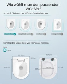 Assento de sanita em forma de D 43 x 35,7 cm (C x L), curto, com sistema de descida suave e fácil remoção, branco