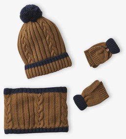 Conjunto tricotado gorro + gola snood + luvas/mitenes, para menino   ocre