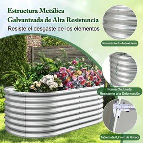 Floreira elevada de metal para jardim 165 x 80 x 60 cm com base aberta, placas metálicas pulverizadas, caixa de  exterior para vegetais, prateada