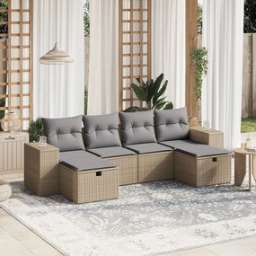 6 pcs conj. sofás jardim c/ almofadões vime PE bege misturado