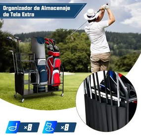 Estante para sacos de golfe Estante dupla para sacos de golfe com rodas universais bloqueáveis Suporte para tacos de golfe 95 x 40 x 94 cm