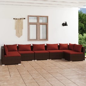 vidaXL 7 pcs conjunto lounge jardim c/ almofadões vime PE castanho