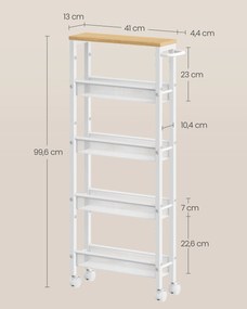 Carrinho de cozinha ou casa de banho estreito com 5 níveis sobre Rodas 13 x 45,4 x 99,6 cm carvalho e branco
