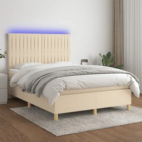 Cama box spring c/ colchão e LED 140x200 cm tecido cor creme