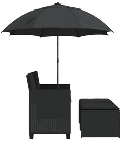 Sofá de jardim 2 lugares com guarda-sol e bancos vime PE preto