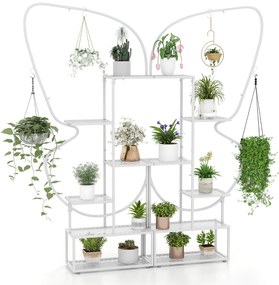 Suporte para plantas de metal com 6 níveis, 12 prateleiras de malha metálica e 4 ganchos branca