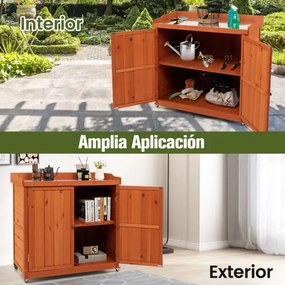 Abrigo de madeira para exterior com estante amovível 4 rodas universais Estação de trabalho 98,5 x 48 x 100 cm Natural